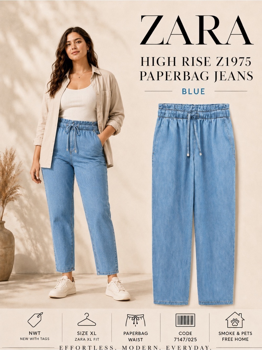 Zara Blue High Rise Z1975 Paperbag Jeans Size XL NWT Elastic Waist Denim Pants